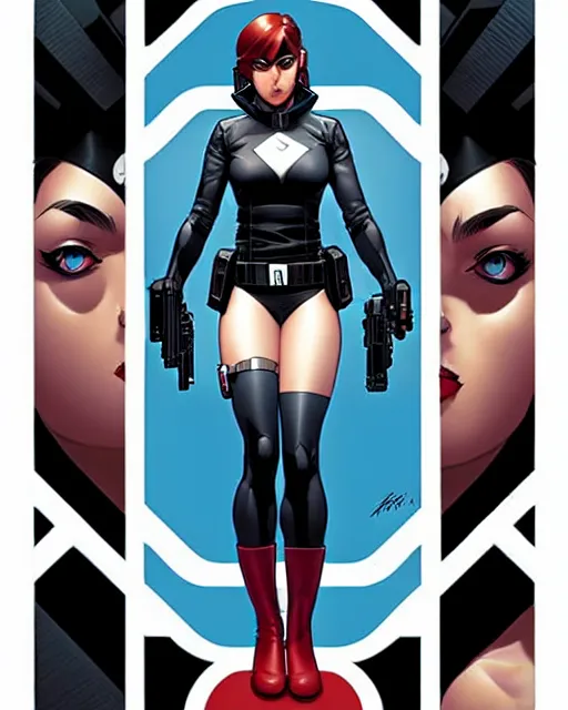 Image similar to phil noto comicbook cover art, artgerm, female domino marvel, symmetrical eyes, long red hair, full body, city rooftop