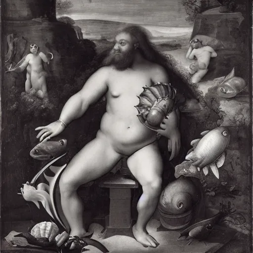 Prompt: by herbert list, by raphael, by jan van kessel the elder tired seashell. a experimental art of a mythological scene. large, bearded man seated on a throne, surrounded by sea creatures. he has a trident in one hand & a shield in the other. behind him is a large fish. in front of him are two smaller creatures.