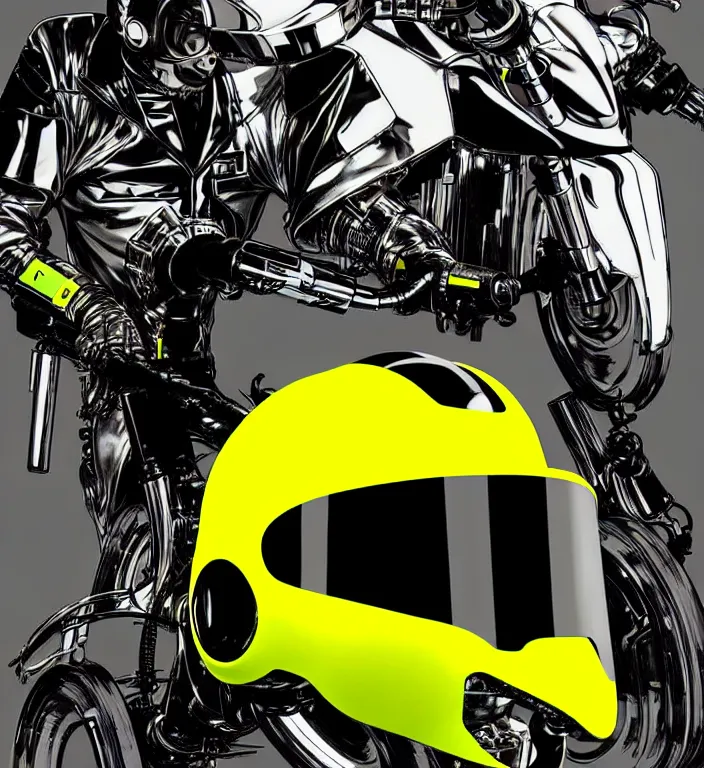 Image similar to futuristic yellow racing helmet with headset and chrome visor, a fusion of punk, cybertech and mad max aesthetics, neon trims, by kawakubo rei, takada kenzo and laurie greasley