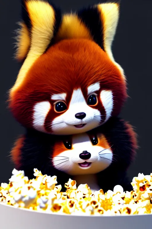 Prompt: high quality 3 d render hyperrealist very cute happy red panda & cat hybrid stuffing face with popcorn, vray smooth, in the style of detective pikachu, very dramatic light, low angle, uhd 8 k, shallow depth or field