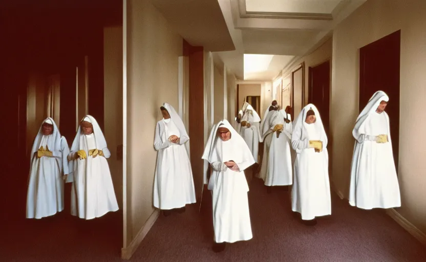 Image similar to Nuns in the shining by stanley kubrick, shot by 35mm film color photography