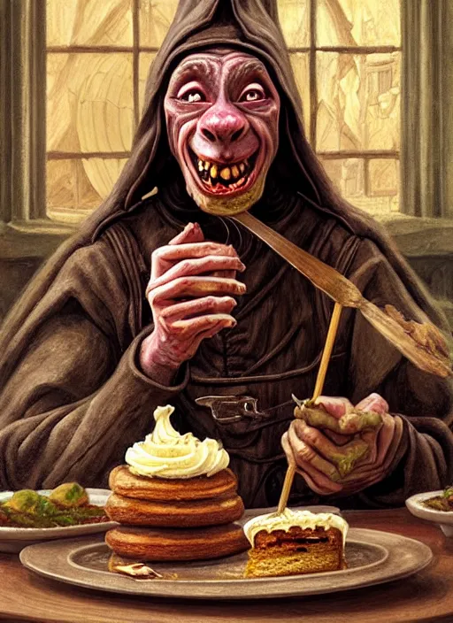 Image similar to portrait of a medieval goblin eating cakes in the cloisters, beautiful face, hyper realistic, highly detailed digital painting by earl norem, artstation illustration co