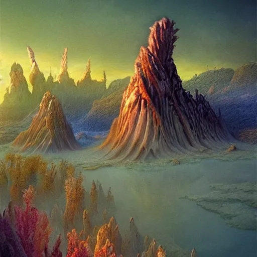 Prompt: artistic digital artwork of an epic natural scene on an alien planet. beautiful landscape by vincent bons, michael whelan, remedios varo and gerardo dottori. grainy and rough. interesting pastel colour palette. beautiful light. oil and water colour based on high quality render.