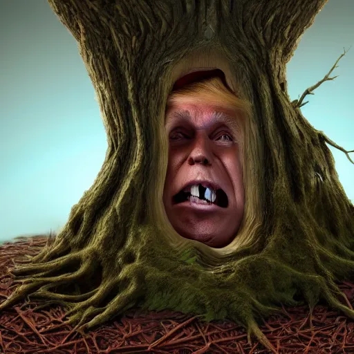 Prompt: donald trump is fused into a tree stump, hyperdetailed, artstation, cgsociety, 8 k