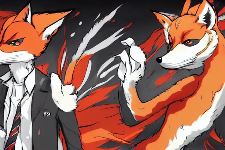 Image similar to a furry tan male fox on a persona 5 : royal ( by atlus ) video game splash screen, a furry male sandcolored tan fox fursona ( has hair ), persona 5 phantom thief style