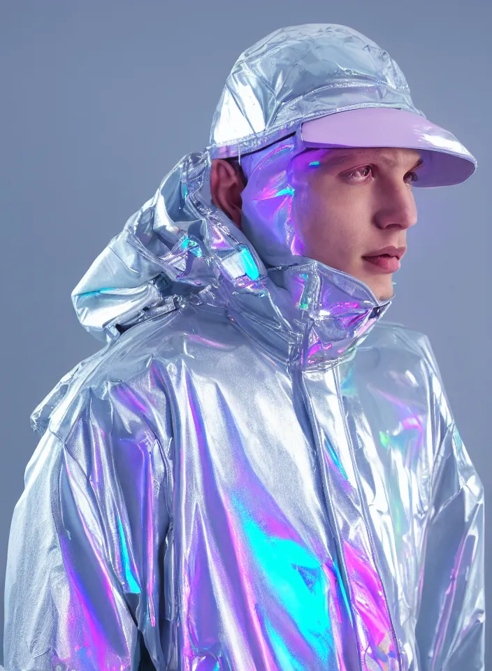 Image similar to an ultra high definition professional studio quality portrait photograph of a silver skinned android influencer wearing a transparent iridescent pastel coloured visor and matching wavey raincoat on white hook in a sheer icelandic black rock environment. three point light. dramatic lighting. volumetric shadows. light rays