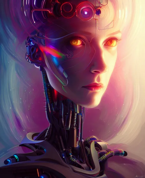 Image similar to a whirlwind of souls rushing inside the metaverse, hologram, half body, neurochip, shaved temple, piercing, jewelry, android, cyborg, cyberpunk face, by loish, d & d, fantasy, intricate, elegant, highly detailed, colorful, digital painting, artstation, concept art, art by artgerm and greg rutkowski and alphonse mucha