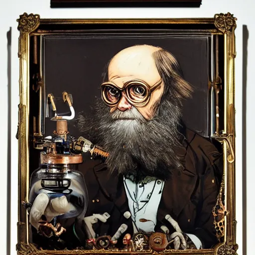 Image similar to portrait of charles darwin as a steampunk cyborg, clockwork automaton, hanafuda oil on canvas by ivan shishkin, james jean and yoji shinkawa