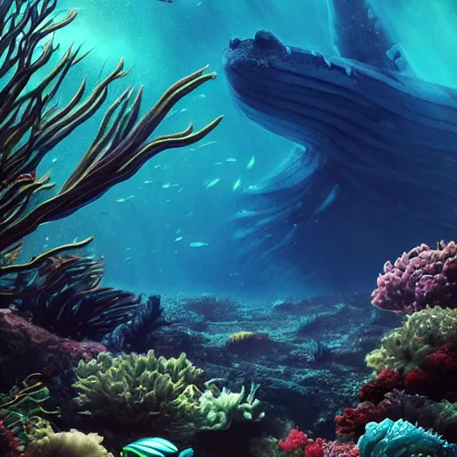 Image similar to underwater view of a strange alien world, some washed out red and green plant life, giant leviathan swimming far in the background, deep blue sea color, artstation, cinematic angle, cinematic and dramatic lighting