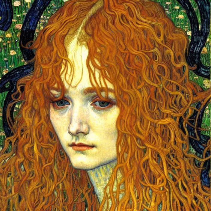 Image similar to detailed realistic beautiful young medieval queen face portrait by jean delville, gustav klimt and vincent van gogh, art nouveau, symbolist, visionary, gothic, pre - raphaelite, muted earthy colors, desaturated