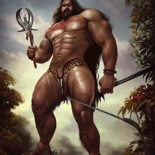 Image similar to a hyper realistic keyframe of a cartoon character brought to the real world, a combination of a beefy conan the barbarian and a warlock with a kind heart, the setting is a normal suburban backyard by Huang Guangjian and Gil Elvgren and Sachin Teng 8k,