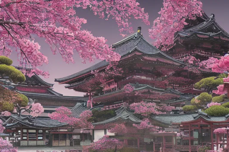 Image similar to hyperdetailed ancient japanese temple in the infinite flowerpunk sakura tree, cinematic highly detailed artstation hyperstylized illustrated by moebius and yoshitaka amano