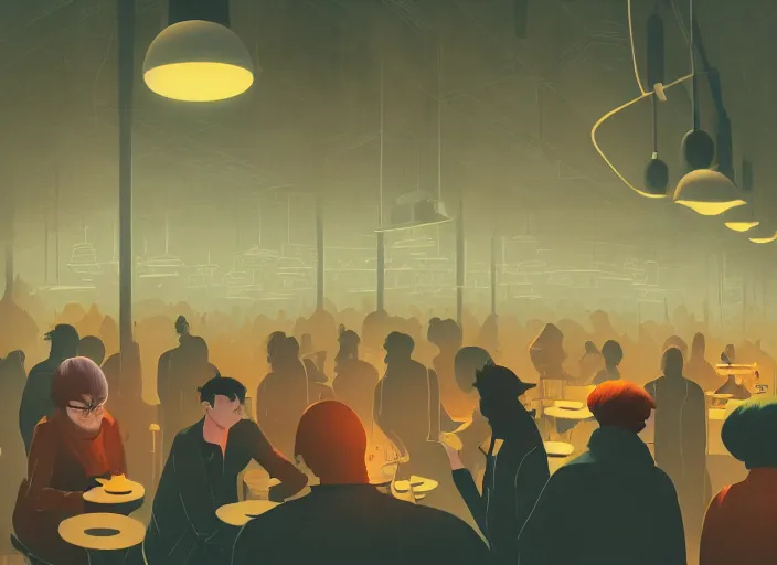 Prompt: illustrated crowded cafe interior, colorful, mads berg, karolis strautniekas, christopher balaskas, stippled light, low fog, moody, fine texture, editorial illustration, dramatic lighting, dynamic composition, detailed, matte print, muted color, ( ( victo ngai ) ), wide angle