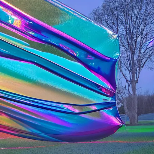 Image similar to an ultra high definition professional studio quality photograph of a transparent iridescent perspex pastel coloured inflatable abstract parachute sculpture in an empty field. dramatic lighting, ray tracing, refraction, shallow d. o. f, colour corrected, golden ratio, three point light. volumetric shadows. god rays.