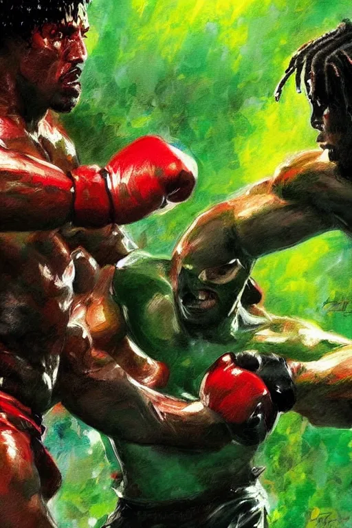 Prompt: fight between rocky balboa and the predator, artstation, concept art, smooth, sharp foccus ilustration hq, painting in the style of leroy neiman, green tones