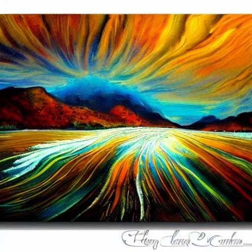 Image similar to a wild landscape painting filled with energy patterns rippling in all directions, mountains, rushing water, saturated colors