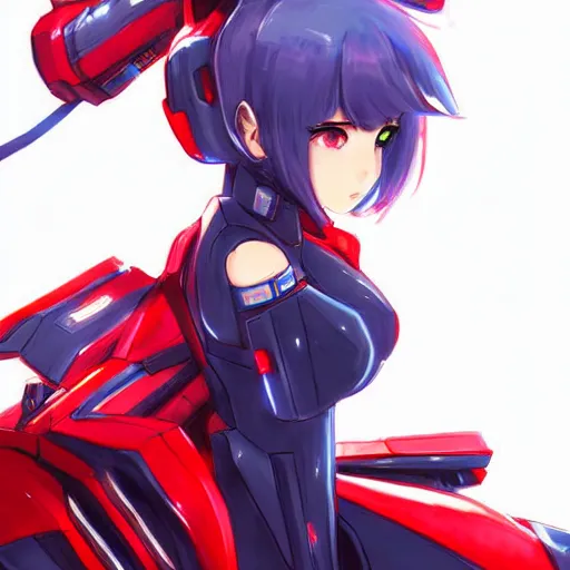 Image similar to digital anime art, cute mech girl wearing a red mech suit and blue eyes. wlop, rossdraws, sakimimichan