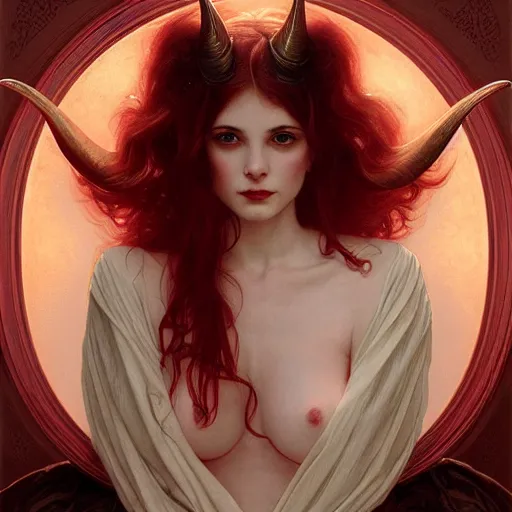 Image similar to Portrait of beautiful pale demon girl with horns, red lighting, intricate, elegant, highly detailed, digital painting, artstation, smooth, sharp focus, illustration, art by artgerm and greg rutkowski and alphonse mucha and Wayne Barlowe and william-adolphe bouguereau