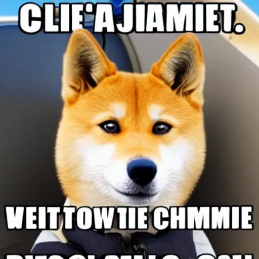 Image similar to doge is the pilot of a commercial jet. whimsical photo meme. kabosu the shiba - inu.