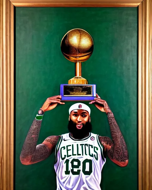 Image similar to portrait of demarcus cousins in boston celtics jersey, holding the larry o'brien trophy, oil on canvas by william sidney mount, champion, inspiring