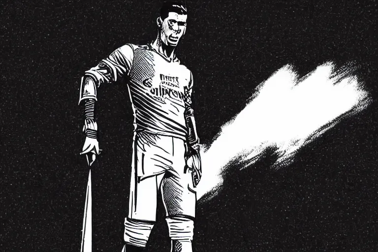 Prompt: cristiano ronaldo taking a penalty shot, a page from cyberpunk 2 0 2 0, style of paolo parente, style of mike jackson, adam smasher, johnny silverhand, 1 9 9 0 s comic book style, white background, ink drawing, black and white