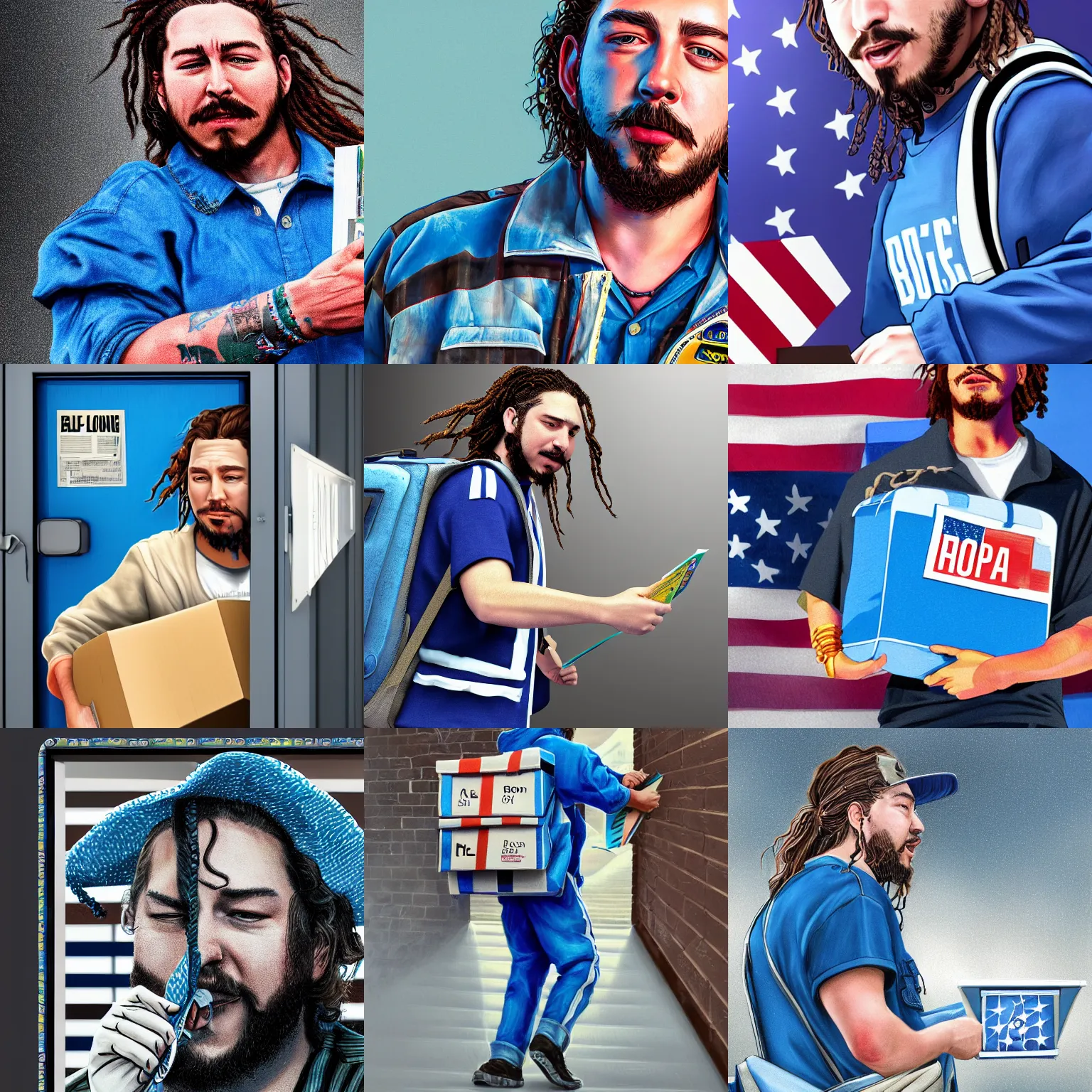 Prompt: a closeup photorealistic illustration of post malone delivering mail as a us mail carrier and blue bag. fine detail. this 4 k hd image is trending on artstation, featured on behance, well - rendered, extra crisp, features intricate detail, epic composition and the style of unreal engine.