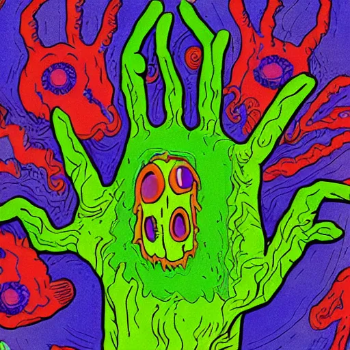 Prompt: a monster in the shape of a screaming hand, it has several eyes and scales, psychedelic surreal cosmic horror