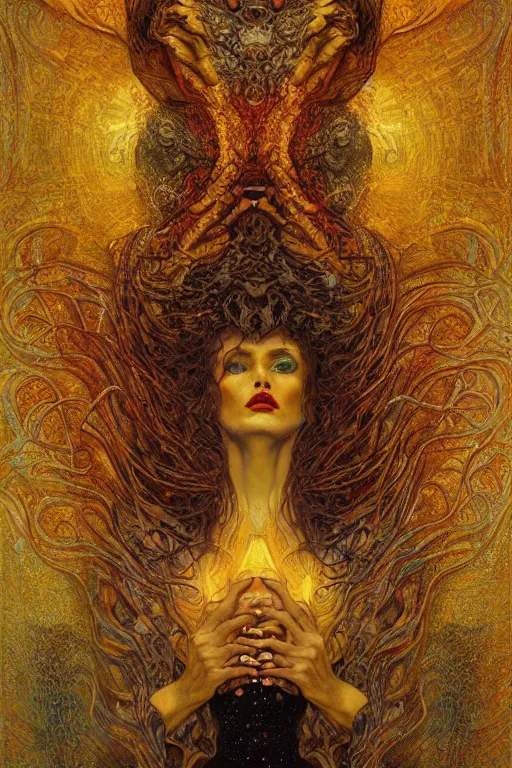 Prompt: Visions of Hell by Karol Bak, Jean Deville, Gustav Klimt, and Vincent Van Gogh, infernal, visionary, otherworldly, fractal structures, ornate gilded medieval icon, third eye, hellfire, spirals