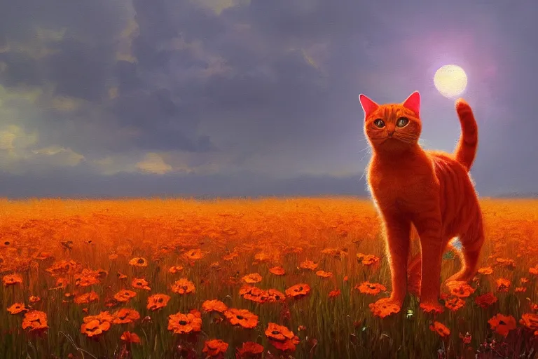 Prompt: a painting of an ultra realistic highly detailed orange cat standing in a field of flowers watching the sunset by craig mullins, golden hour, trending on artstation, color field, concept art, artstation hd, matte drawing