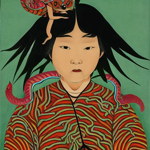 Image similar to ordered by yasuo kuniyoshi, by audrey kawasaki. a conceptual art of a young boy disguised as a dragon. the boy is shown wearing a costume with dragon - like features, including a long tail, wings, & horns. he has a large grin on his face, suggesting that he is enjoying his disguise.