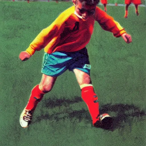Prompt: a child playing soccer, by frank miller