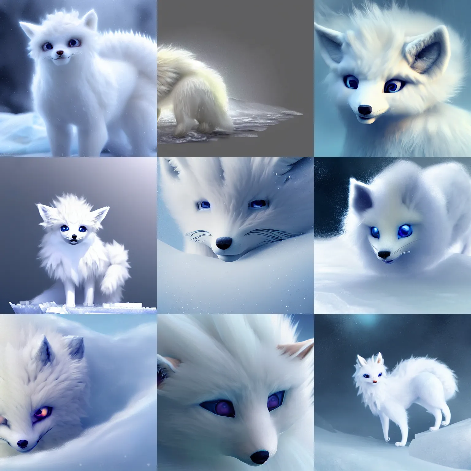 Prompt: white furred vulpix frozen in an ice floe, intricate, synthetic fur, closeup, artstation, digital illustration by ruan jia