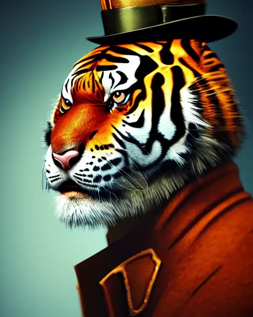 Prompt: steampunk male tiger portrait, handsome, steampunk hat, detective coat, steampunk monocle, complex 3 d render by ilya kuvshinov, peter mohrbacher, greg rutkowski, ryohei hase, dramatic lighting, intricate, highly detailed, sharp focus, luminous, unreal engine, blender, artstation, masterpiece, ray tracing