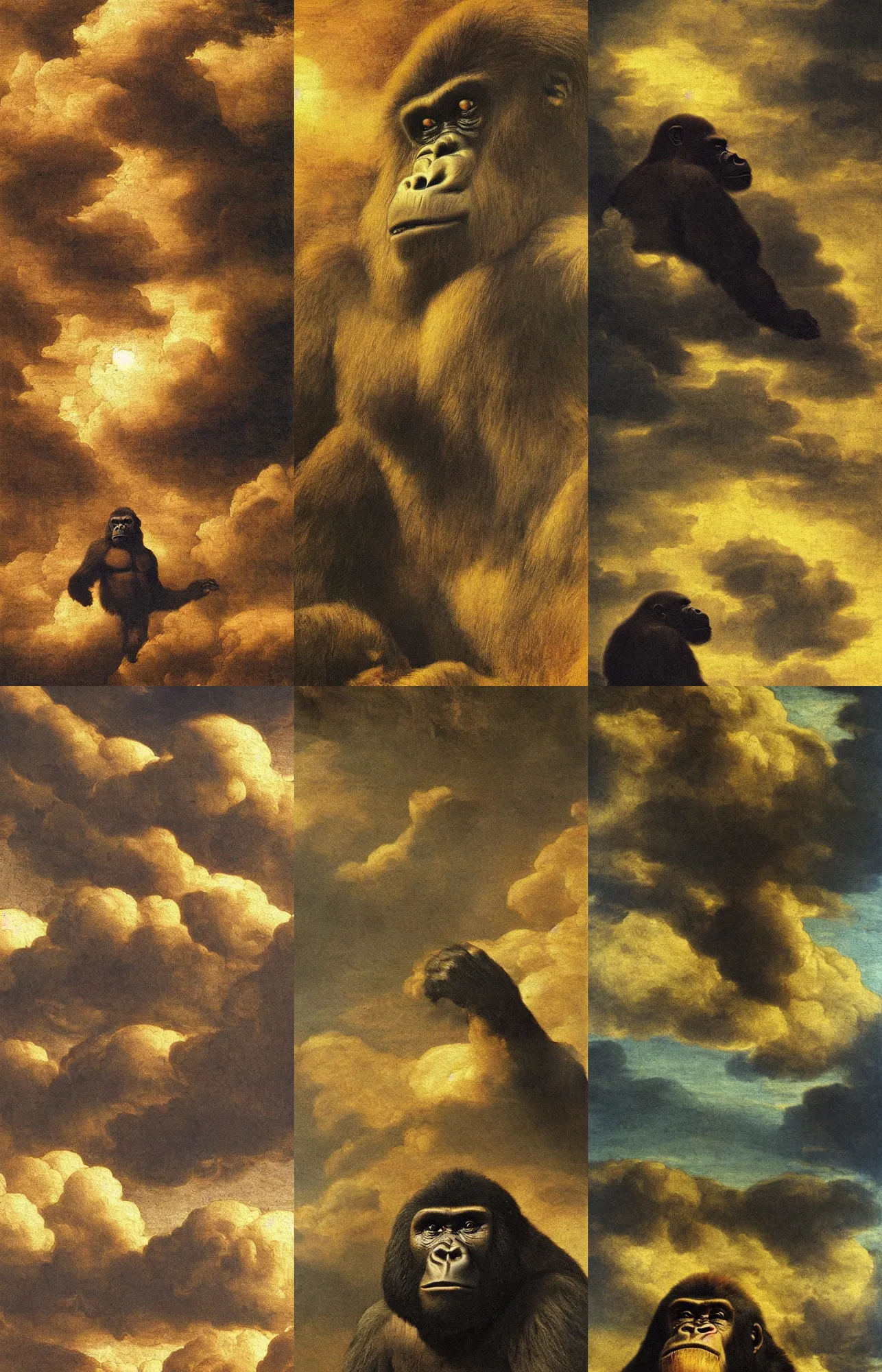 Prompt: gorilla, golden hour, clouds, beautiful painting by leonardo da vinci, amoled wallpaper