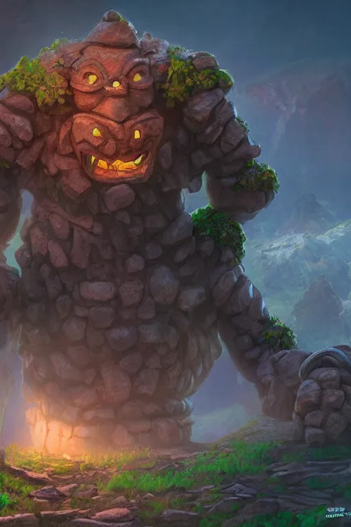 Image similar to zelda fantasy art giant golem troll wood rock greeble gemstone, global illumination ray tracing hdr fanart arstation by sung choi and eric pfeiffer and gabriel garza and casper konefal