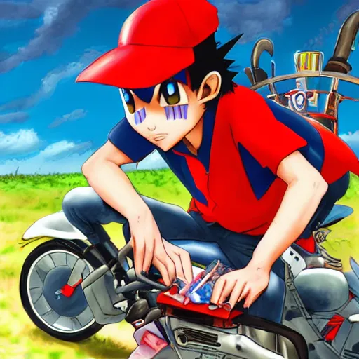 Image similar to ash ketchum playing magic the gathering on a motorcycle, digital art