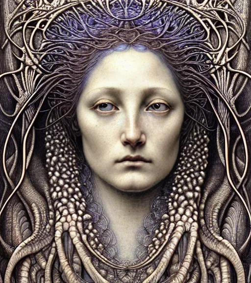 Image similar to detailed realistic beautiful dawn goddess face portrait by jean delville, gustave dore, iris van herpen and marco mazzoni, art forms of nature by ernst haeckel, art nouveau, symbolist, visionary, gothic, neo - gothic, pre - raphaelite, fractal lace, intricate alien botanicals, ai biodiversity, surreality, hyperdetailed ultrasharp octane render