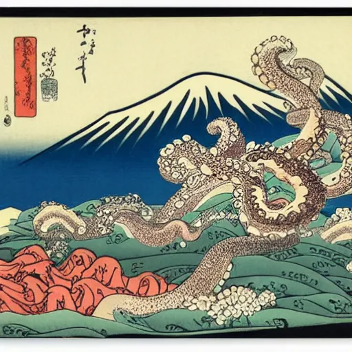 Prompt: octopus, mt fuji, cherry blossoms, big wave, ukiyo-e by Utagawa Kuniyoshi