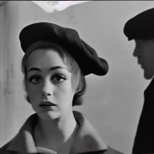 Image similar to still from a masterpiece 1 9 6 0 s french art film, very beautiful and elegant girl in beret with large eyebrows sits in the far background with an angry expression, moody lighting, viewed from afar, cinematic shot, the camera is focused on her conversation with a man, color film