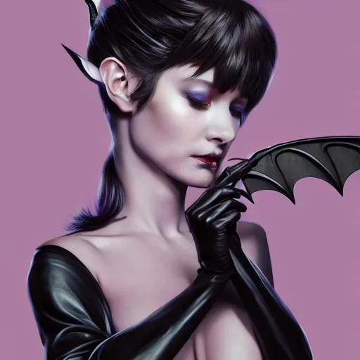 Image similar to 3 / 4 view of a portrait of pixie woman with bat wings, confident pose, pixie, genshin impact,, intricate, elegant, sharp focus, illustration, highly detailed, concept art, matte, trending on artstation, anime, strong brush stroke, sharp focus, illustration, morandi color scheme, art station, by ilya kuvshinov h 6 4 0