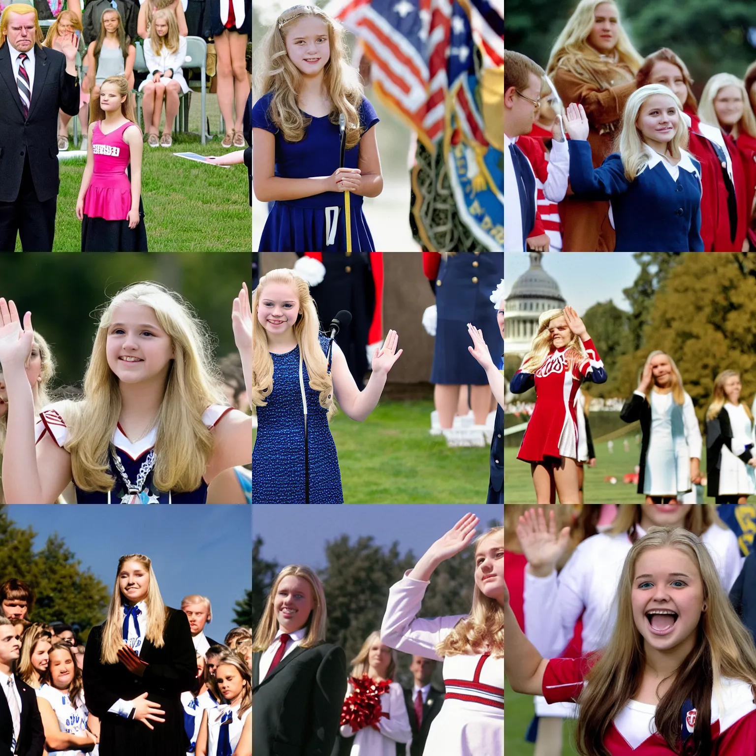 Prompt: A teenage girl cheerleader, long blond hair, getting sworn in as President of the United States, at an outdoor ceremony on capital hill, official photo