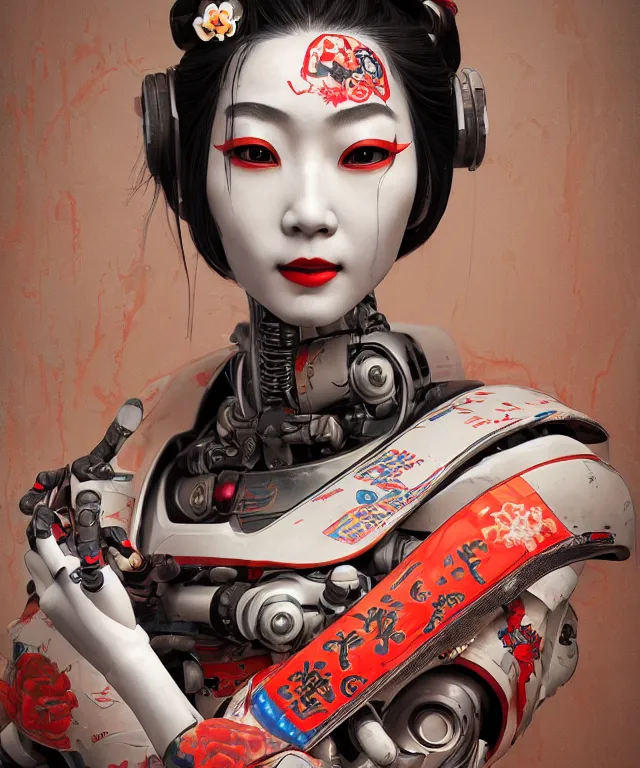 Image similar to an epic fantastic realism comic book style portrait painting of a japanese robotic geisha with kanji tattoos and decals, apex legends, octane render, intricate detail, 4 k hd, unreal engine 5