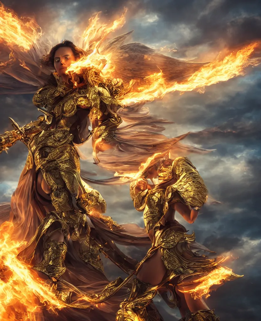 Prompt: Wide shot of a fiercely beautiful woman in golden angelic battle armor and wielding a flaming sword, among the clouds, cinematic, epic, 4k, realism