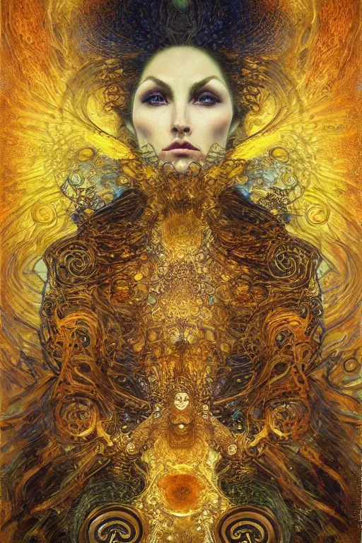 Image similar to Divine Chaos Engine by Karol Bak, Jean Deville, Gustav Klimt, and Vincent Van Gogh, beautiful visionary mystical portrait, sacred, otherworldly, fractal structures, ornate gilded medieval icon, third eye, spirals