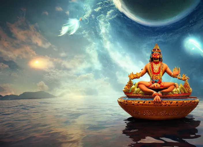 Prompt: vishnu sitting on adishesha floating across the cosmic ocean, digital art, octane render