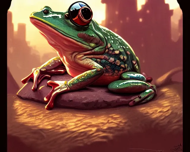 Prompt: frog wearing sunglasses and a leather jacket, photography of kurzgesagt, deep focus, d & d, fantasy, intricate, elegant, highly detailed, digital painting, artstation, concept art, matte, sharp focus, illustration, hearthstone, art by artgerm and greg rutkowski and alphonse mucha