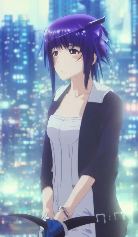 Image similar to anime fine details portrait of Mizore Shirayuki in front of cyberpunk modern city landscape on the background deep bokeh, close-up view, anime masterpiece by Studio Ufotable, 8k, sharp high quality anime, trending on artstation