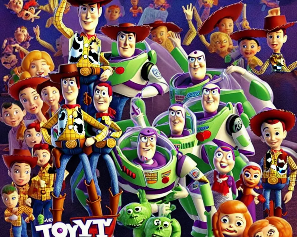 Prompt: a horror movie poster featuring toy story characters