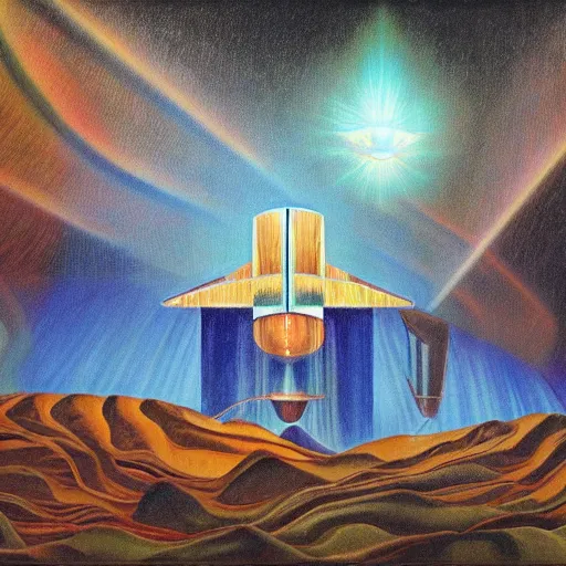 Prompt: painting of paranormal, ufo, psychedelic, spiritual experiencer, charles abel corwin, frank lloyd wright, highly detailed, hyper realism, sharp focus, spirituality