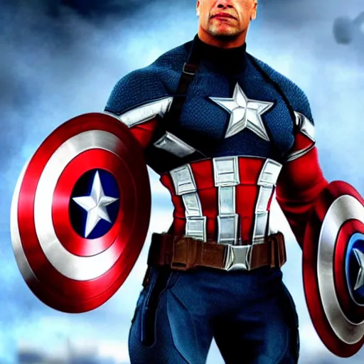Image similar to dwayne johnson as captain america posing for a cover of a movie, realistic photo, highly detailed, precise, high definition